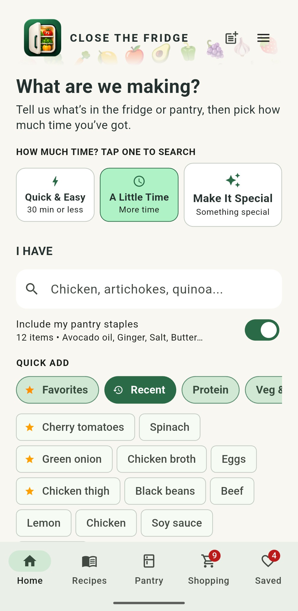 Close the Fridge home screen showing ingredients and recipe ideas